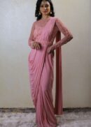 coral pink drape saree