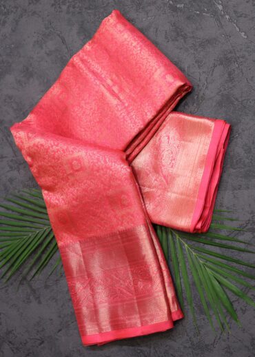 Neon Peach Pink Kanjivaram Saree
