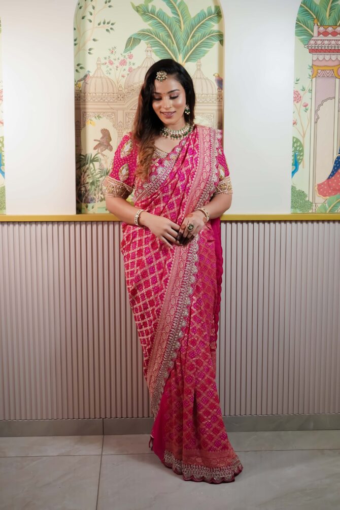 Hot Pink Saree Bandhani Saree