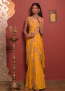 Mustard Yellow Zari Organza Saree with Multicolor Embroidery