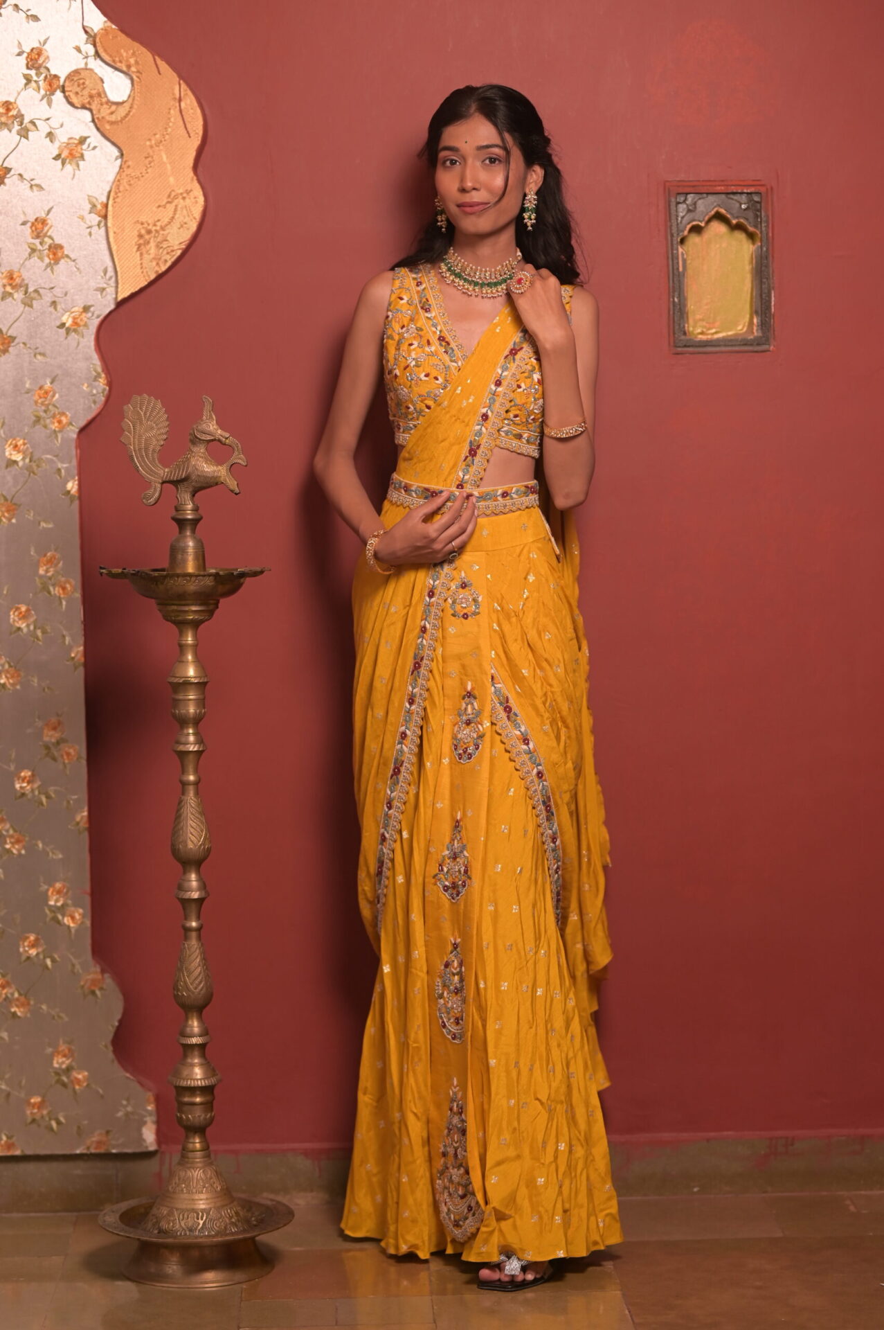 Mustard Yellow Zari Organza Saree with Multicolor Embroidery