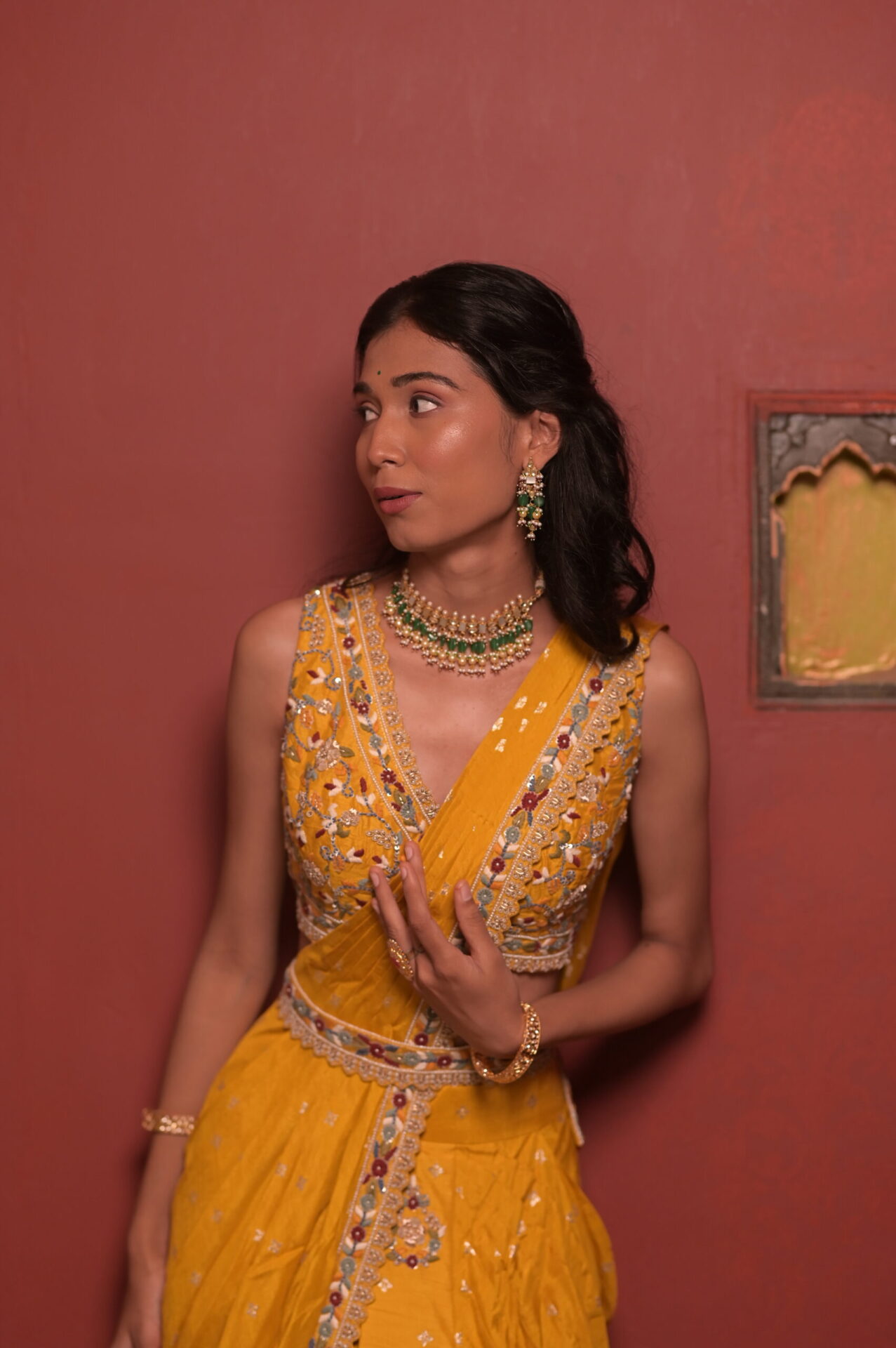 Mustard Yellow Zari Organza Saree with Multicolor Embroidery