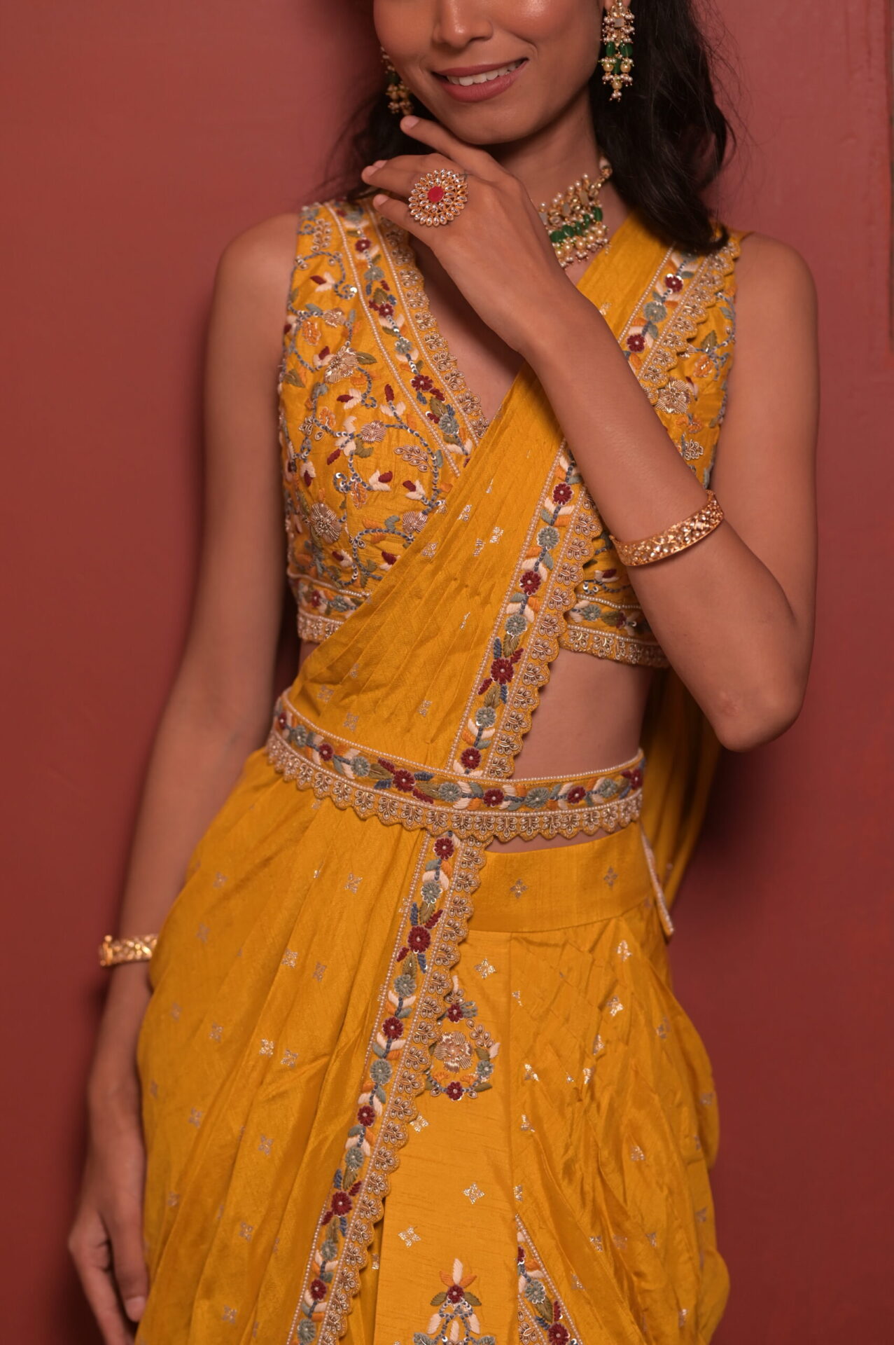 Mustard Yellow Zari Organza Saree with Multicolor Embroidery