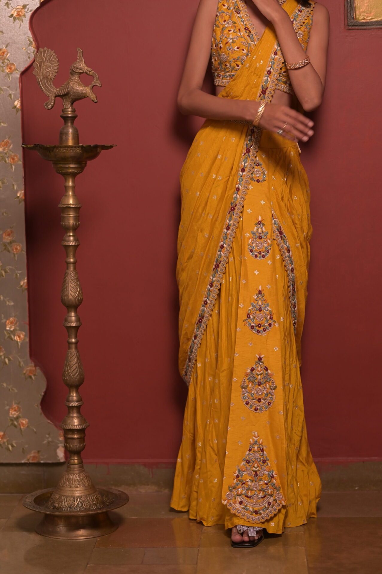 Mustard Yellow Zari Organza Saree with Multicolor Embroidery