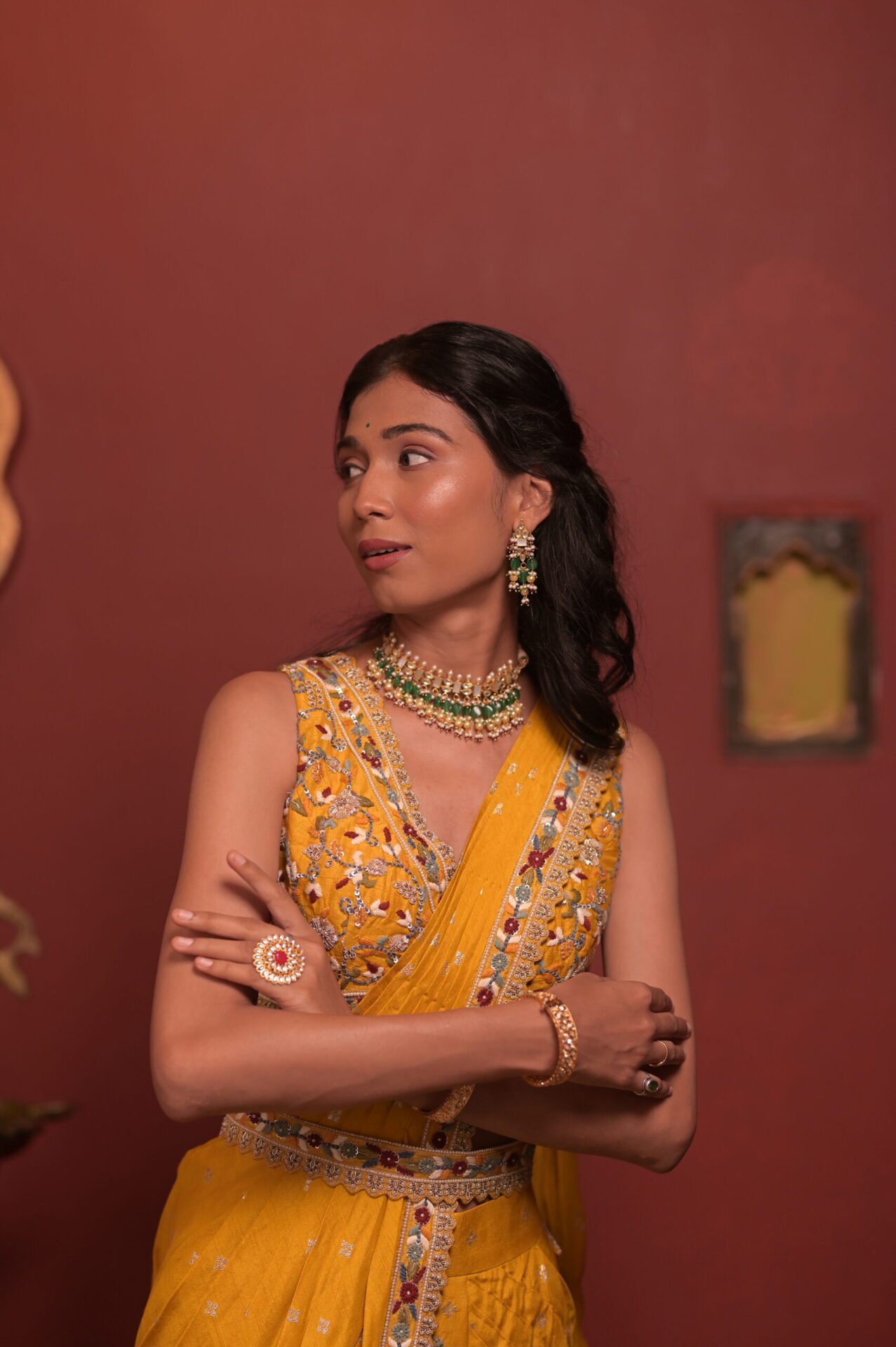 Mustard Yellow Zari Organza Saree with Multicolor Embroidery