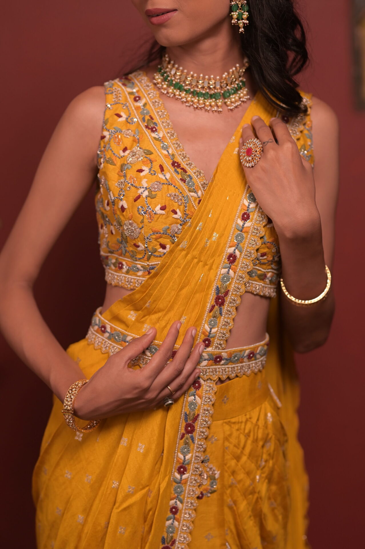 Mustard Yellow Zari Organza Saree with Multicolor Embroidery