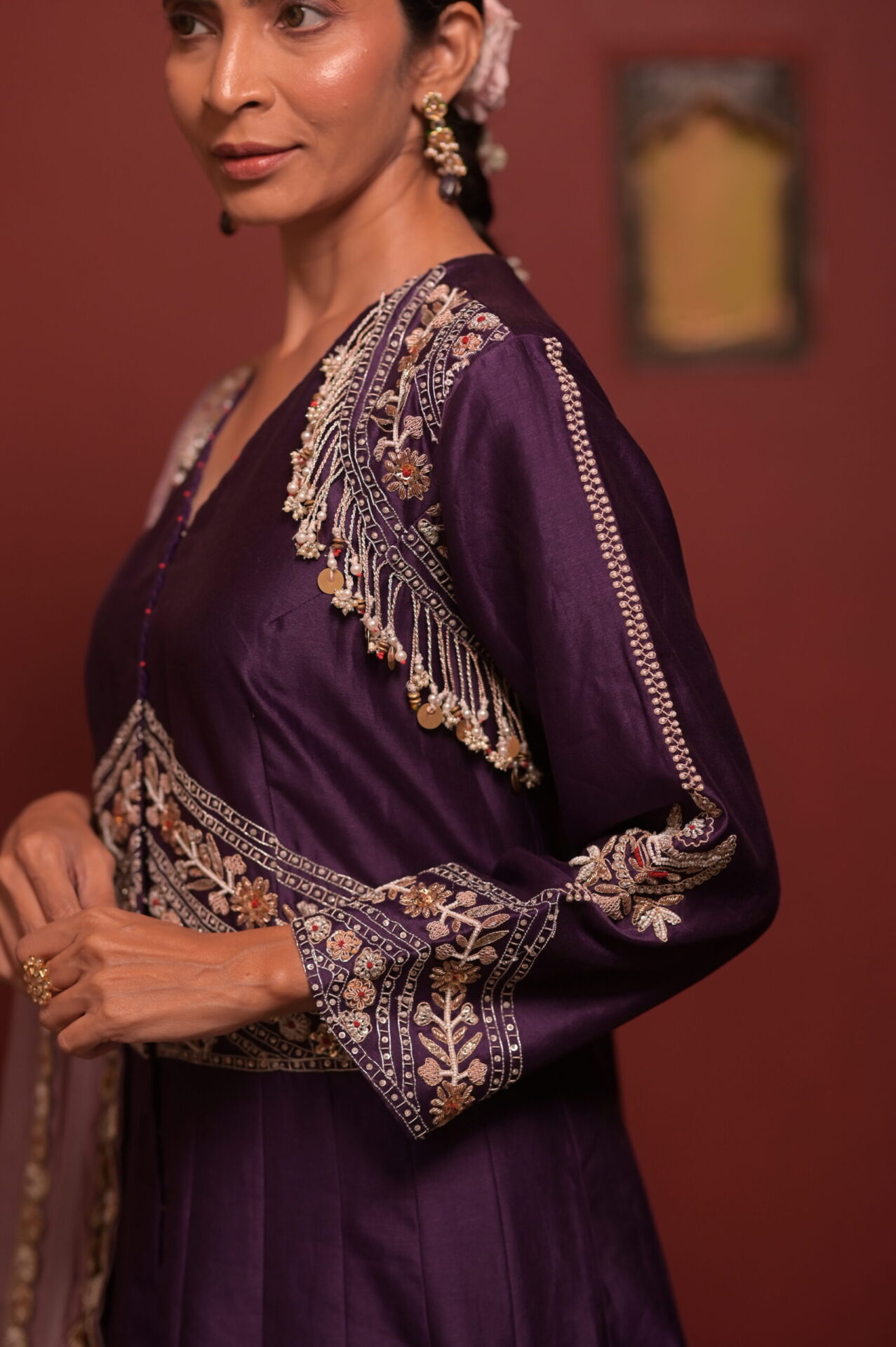 Royal Purple Silk Anarkali with Shimmer Tissue Dupatta