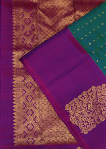 Pure kanjeevaram, fancy border butis on border, polka dot butis, magenta border,teal blue color