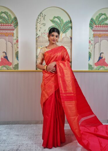 Orange And Red Polka Dots Kanjeevaram Saree