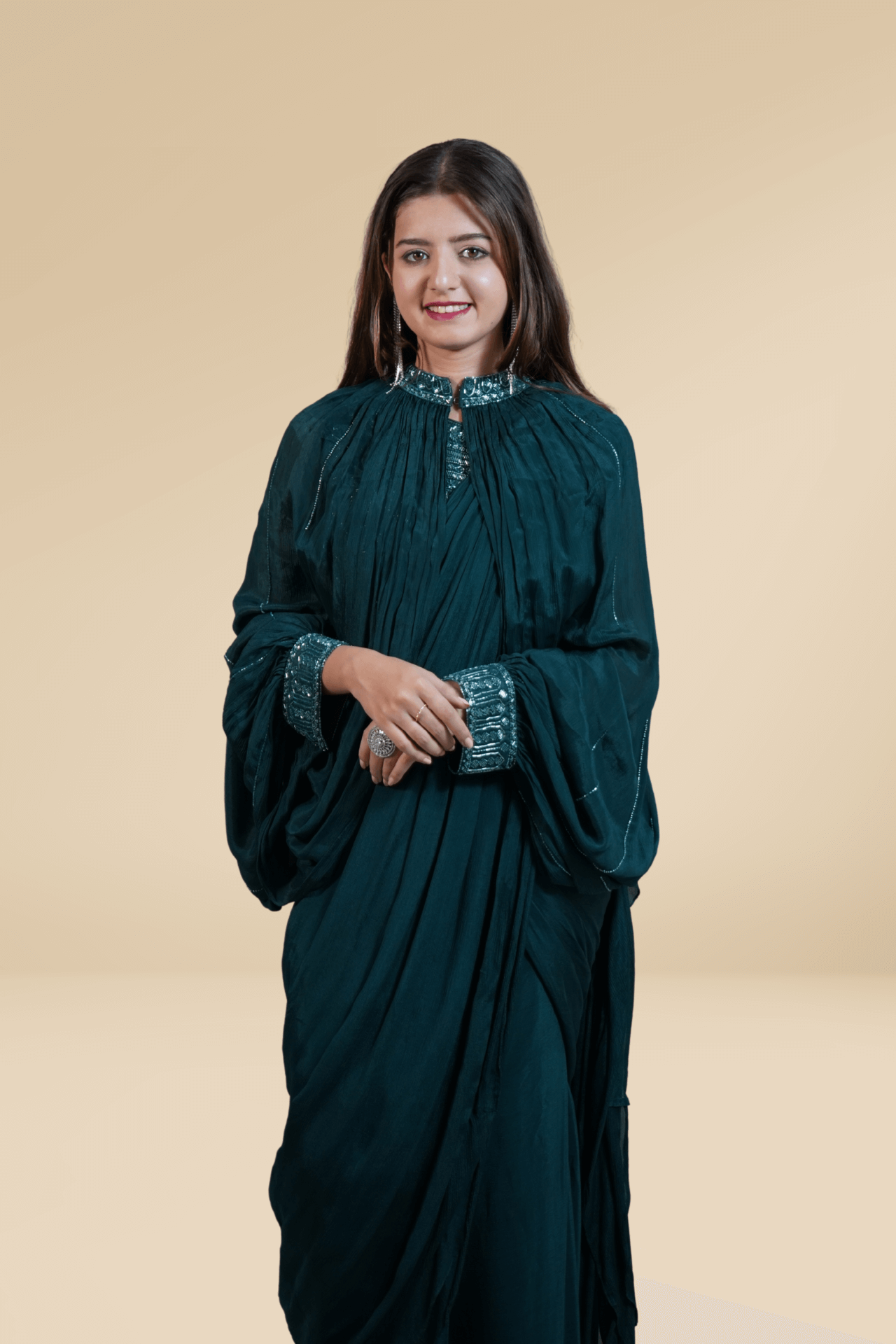TEAL GREEN DRAPE SAREE