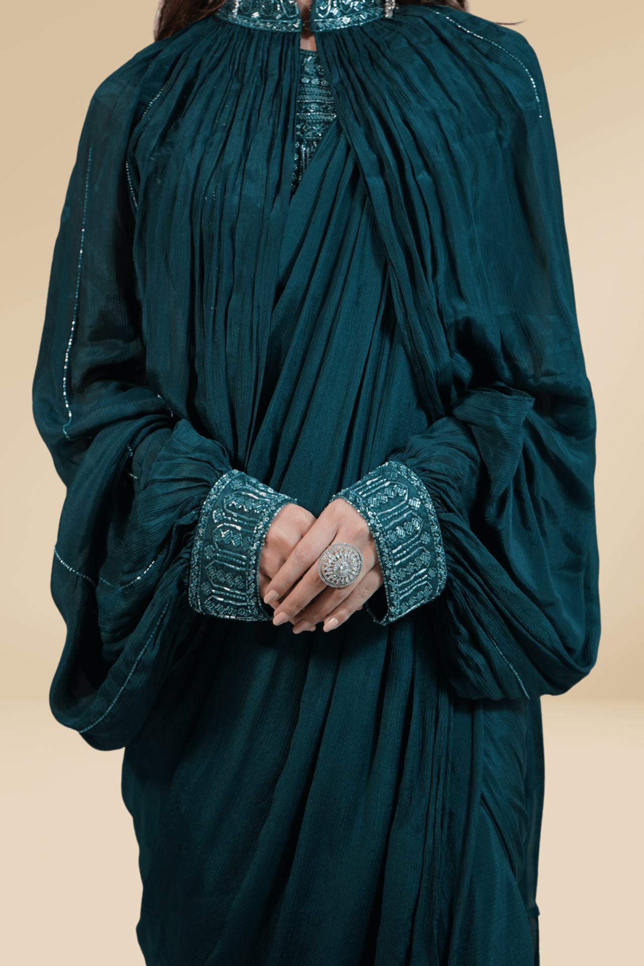TEAL GREEN DRAPE SAREE