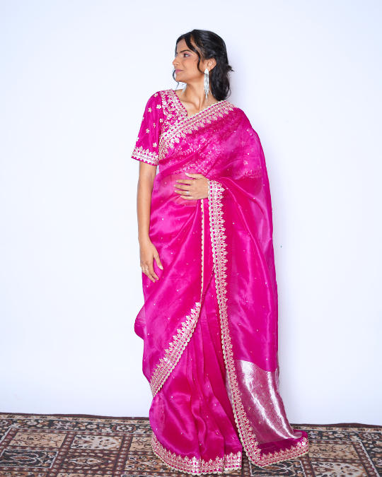 HOT PINK ORGANZA SAREE WITH BLOUSE