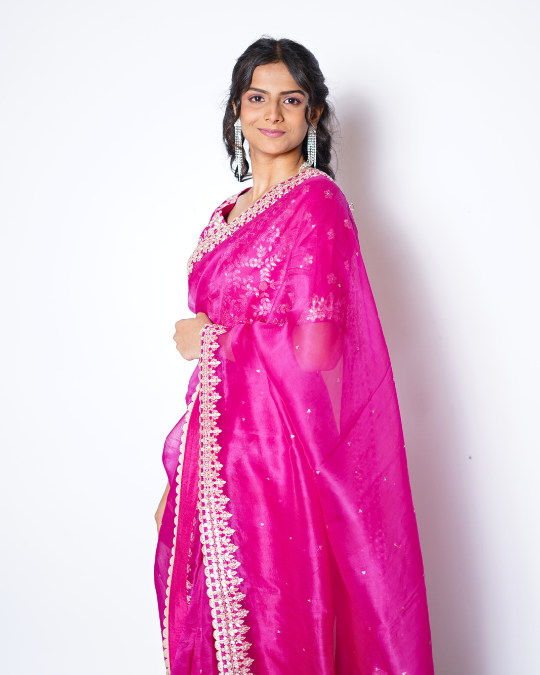 HOT PINK ORGANZA SAREE WITH BLOUSE