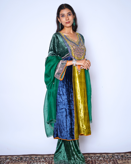 EMERALD GREEN SUEDE ANARKALI SUIT