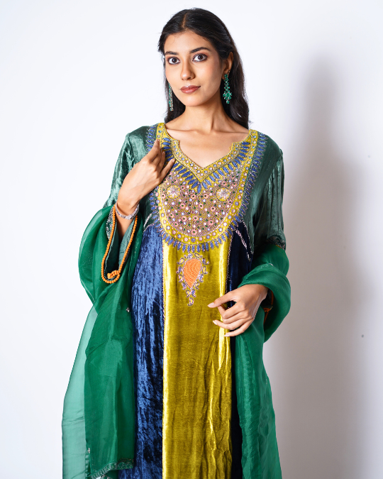 EMERALD GREEN SUEDE ANARKALI SUIT