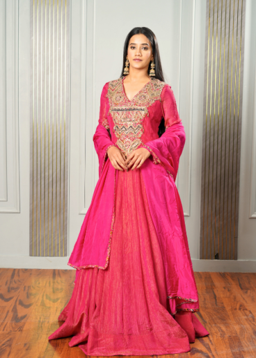HOT PINK TISSUE ANARKALI SET