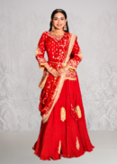 Bright red short kurta with lehenga set