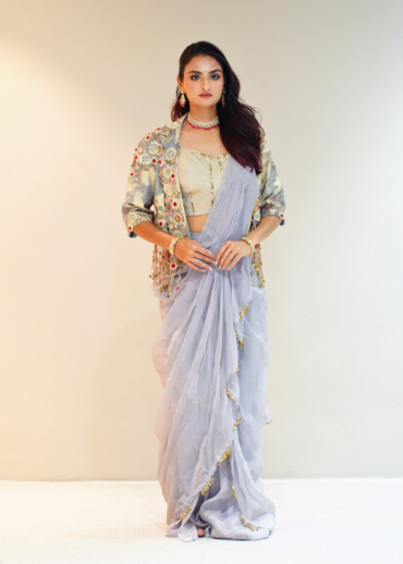 Ice Blue Shimmer Drape Saree with Embroidered Jacket
