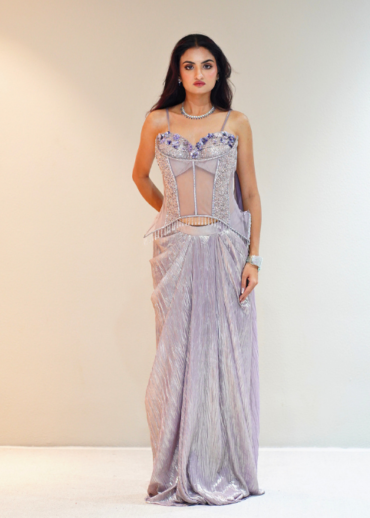 Lilac Corset Top with Textured Shimmer Cowl Skirt
