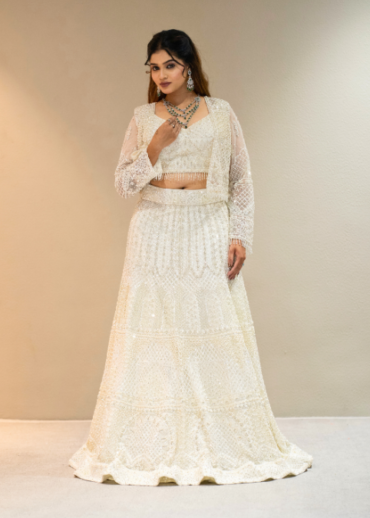 White indo western bridal lehenga