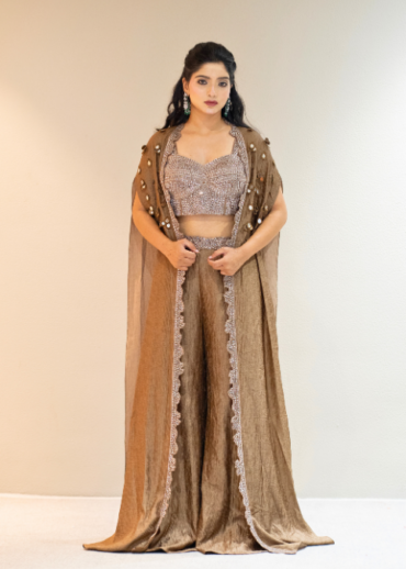 Antique Gold Embroidered Co-ord Set with Cape