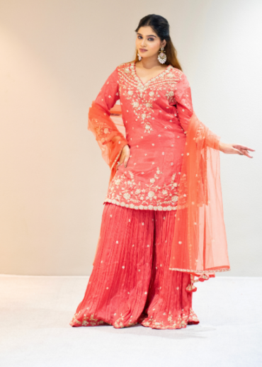 Orange kurta sharara set sequined