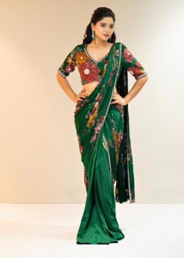 Emerald Green Floral Embroidered Drape saree