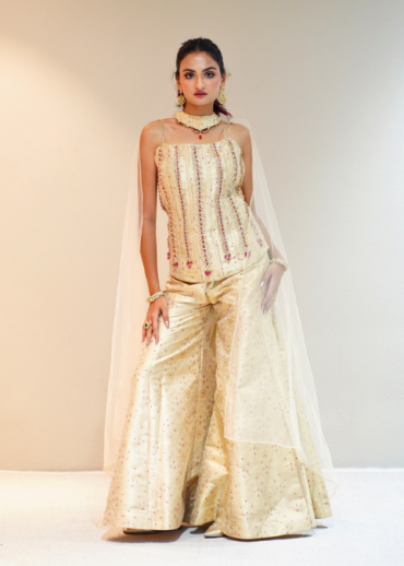 Ivory tissue brocade corset  set