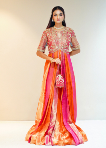 Orange-Pink Tissue Gown with Embroidered Yoke
