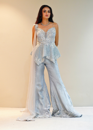 Textured Shimmer Ice Blue Corset Peplum Top with Bootcut Pants & Choker Dupatta