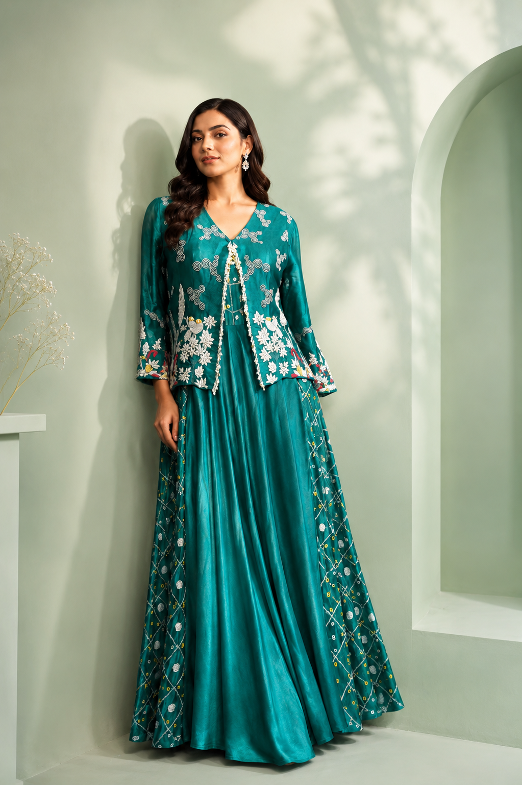 Emerald Bloom Long gown Jacket Set