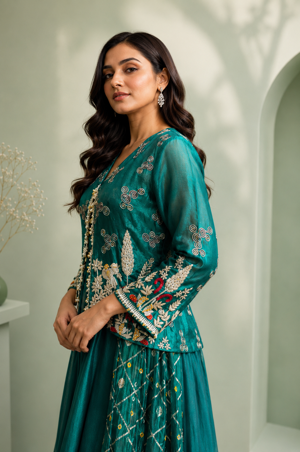 Emerald Bloom Long gown Jacket Set
