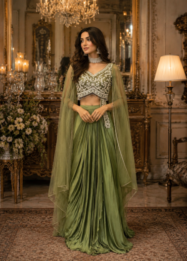 Olive Mist Drape Lehenga Set with Cape Dupatta