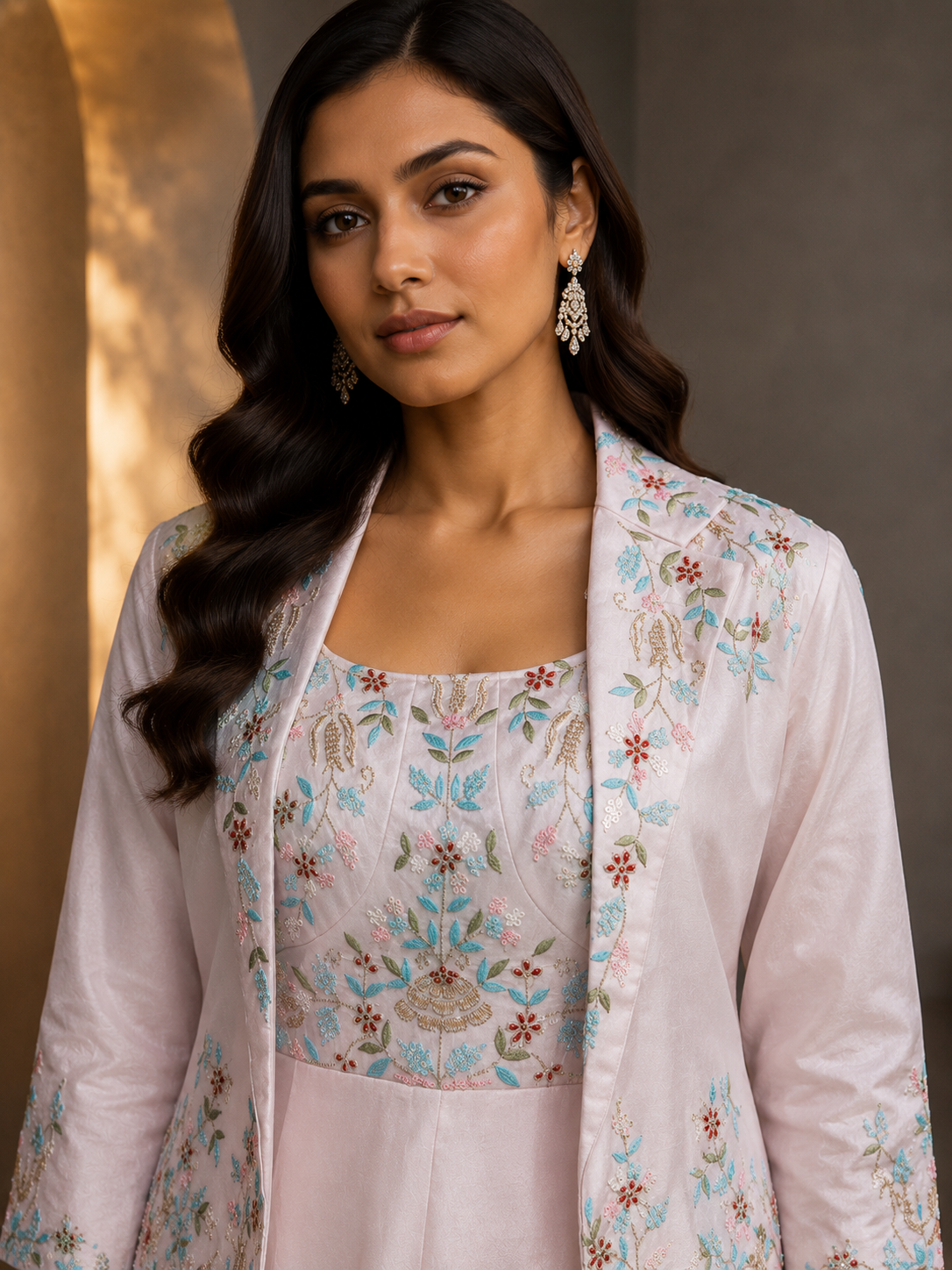 Baby pink Garden Embroidered Gown Jacket set