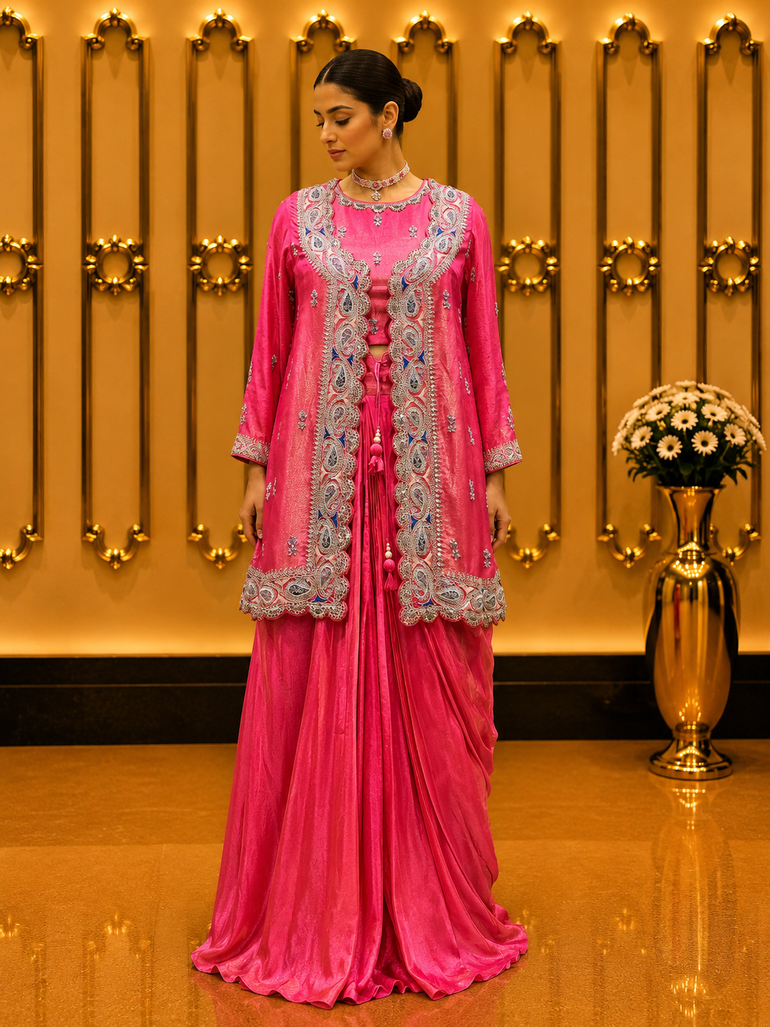 Fuchsia Tissue Silk Draped Ensemble