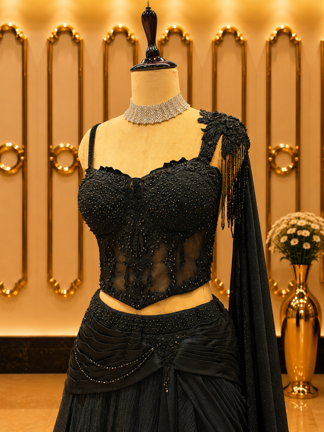 Midnight Noir Draped Lehenga Set