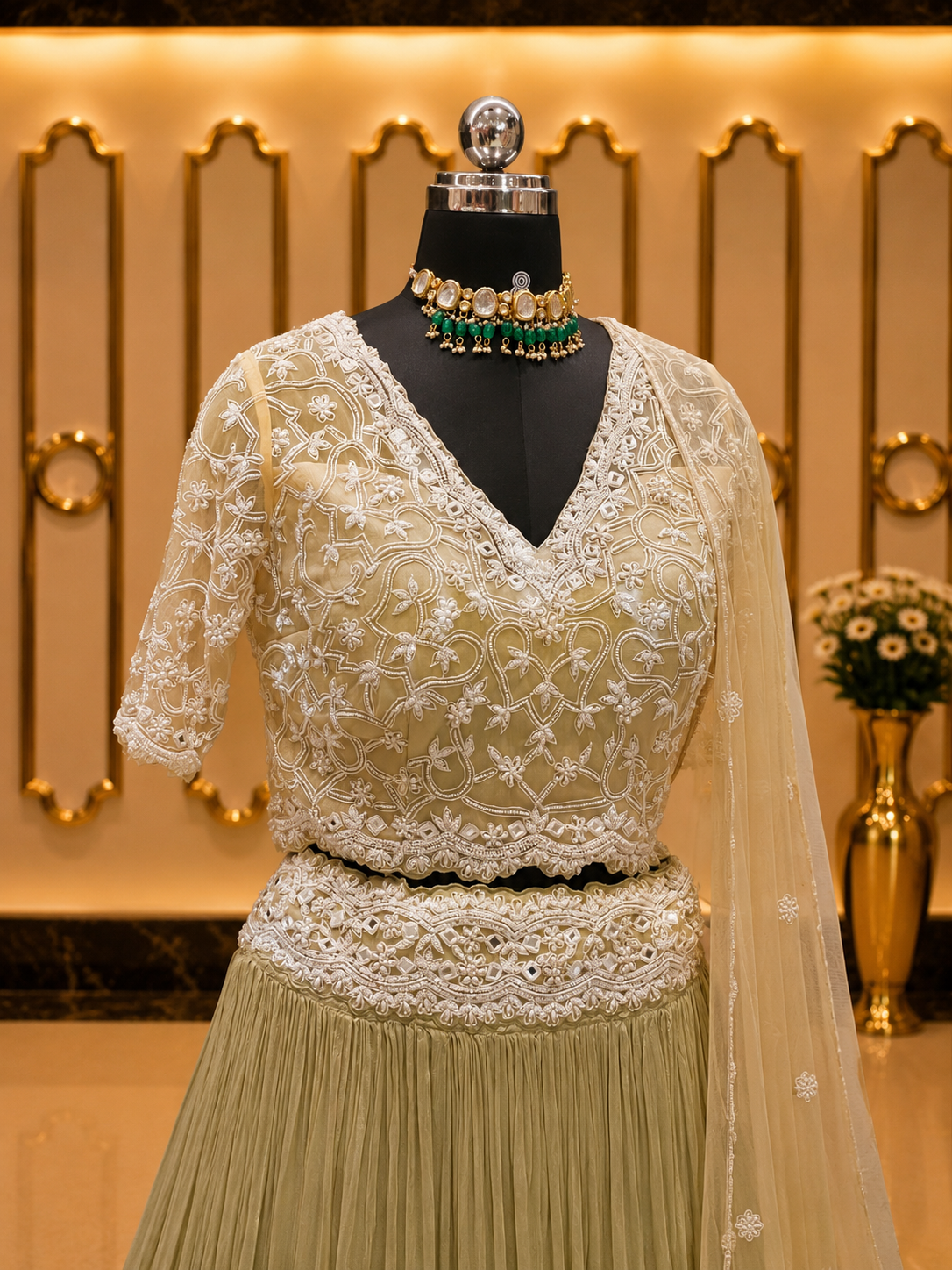 Sage Green Embroidered Skirt Set