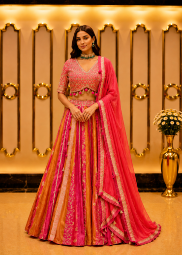 Hot Pink & Orange Panelled Lehenga Set
