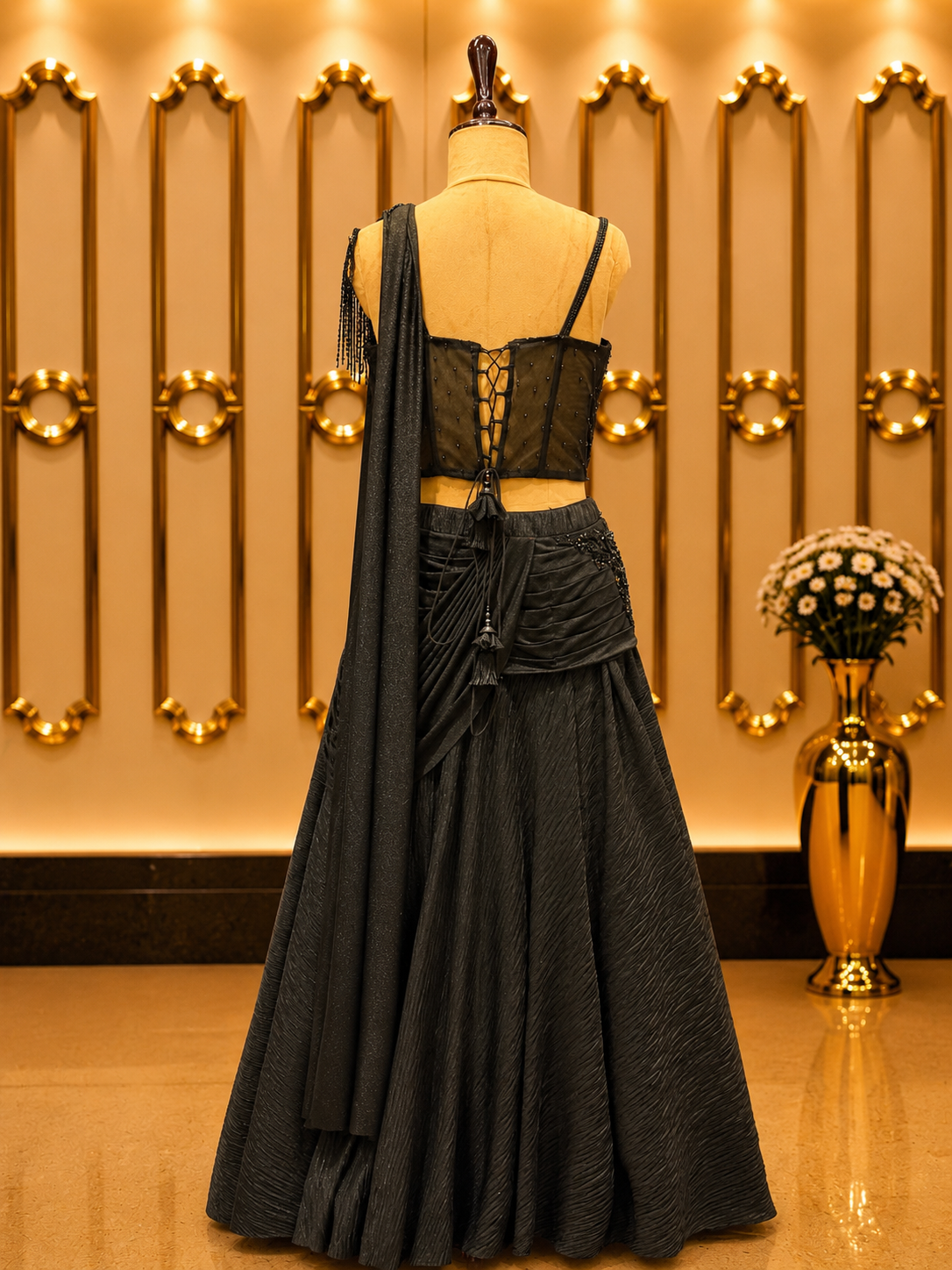 Midnight Noir Draped Lehenga Set
