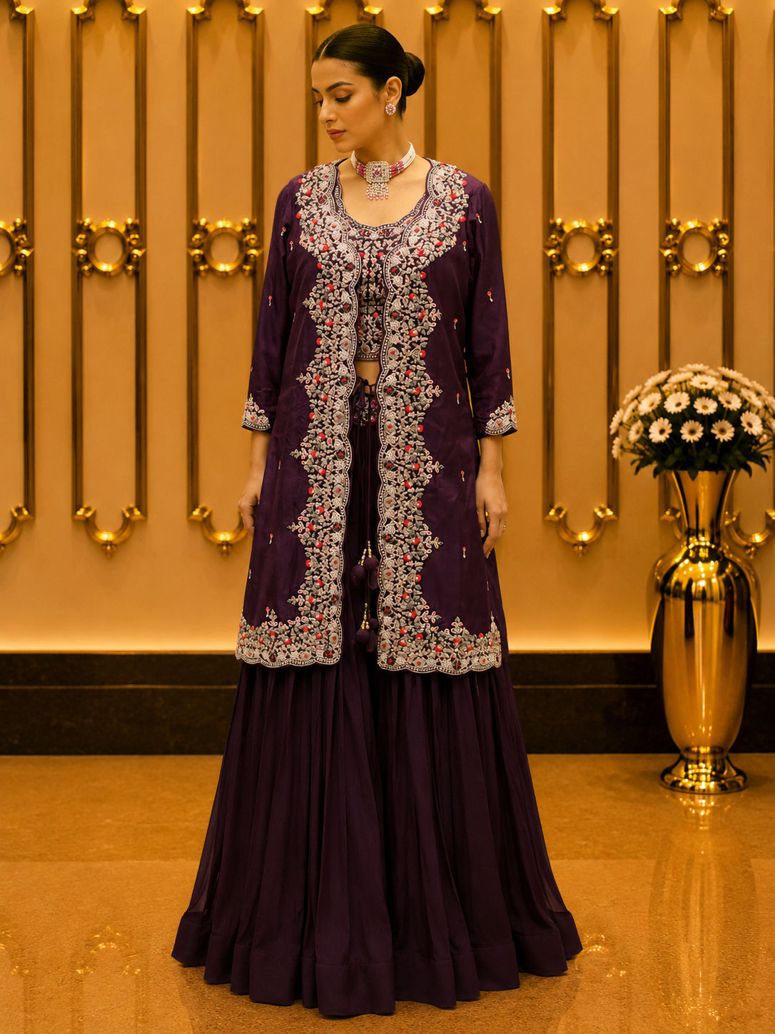 Regal Plum Embroidered Skirt Set
