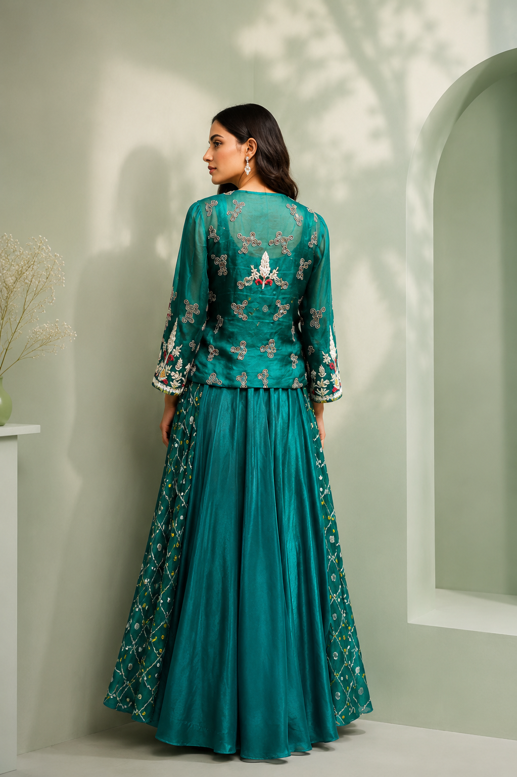 Emerald Bloom Long gown Jacket Set