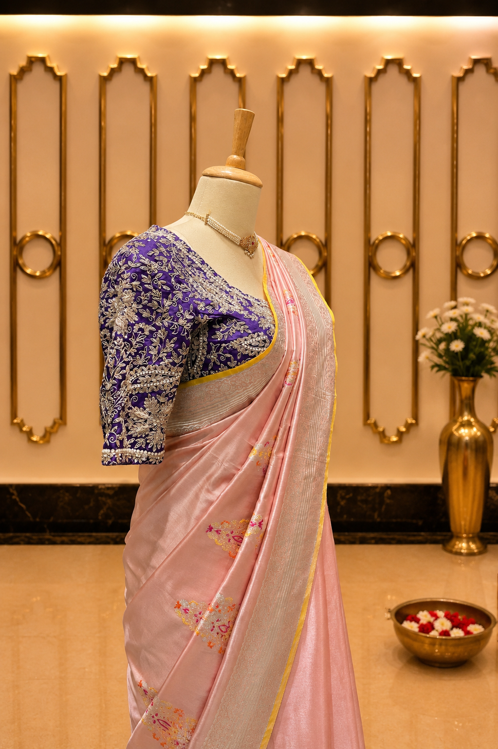 Blush Pink Banarasi Silk Saree with Floral Border
