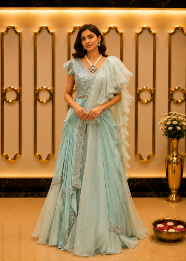 Pastel Mint Mirror-Work Saree