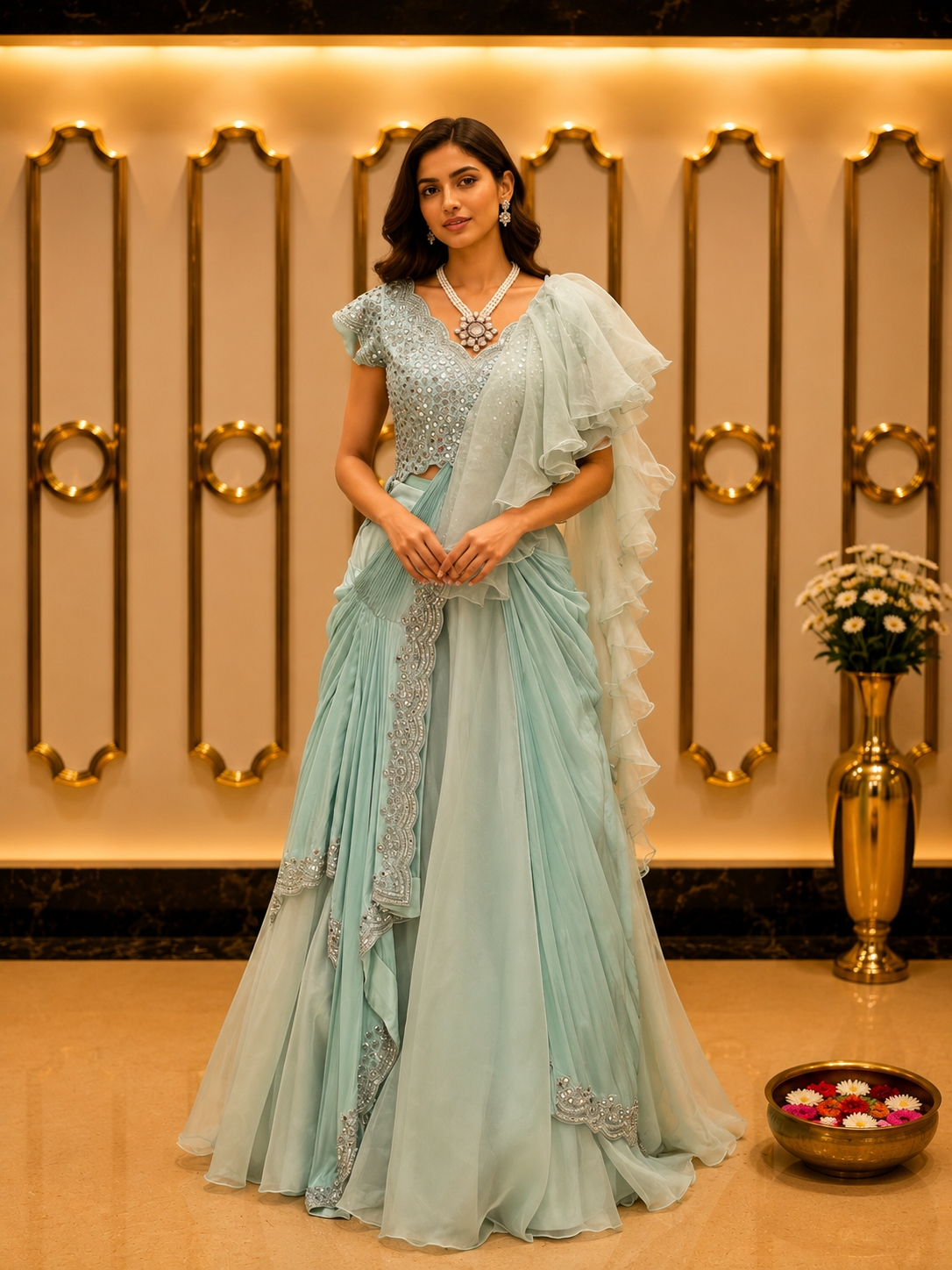 Pastel Mint Mirror-Work Saree