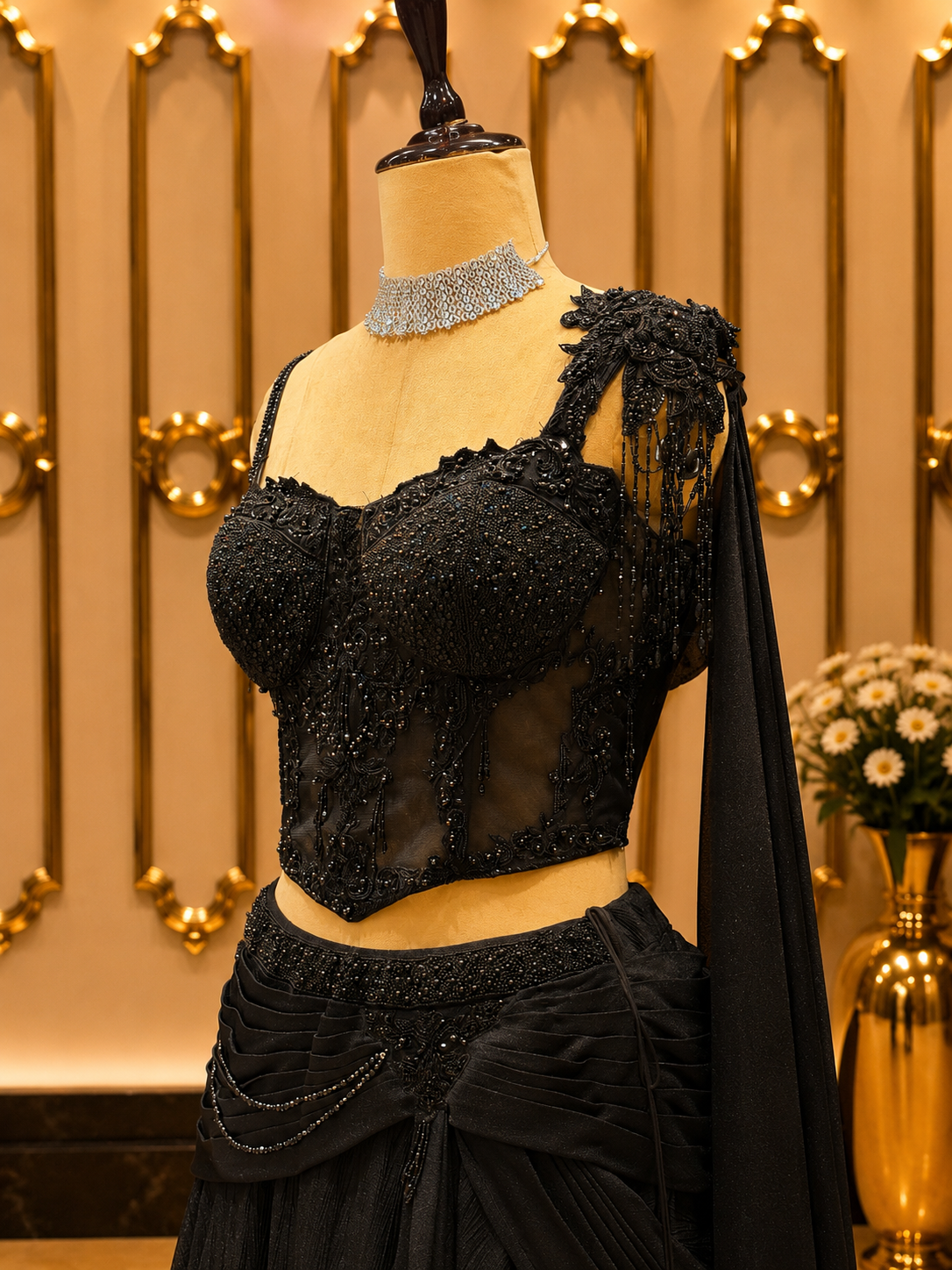 Midnight Noir Draped Lehenga Set