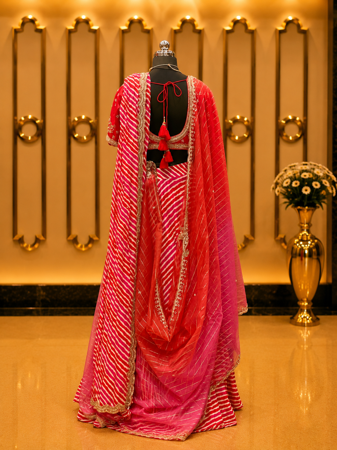 Red & Pink Leheriya Draped Ensemble