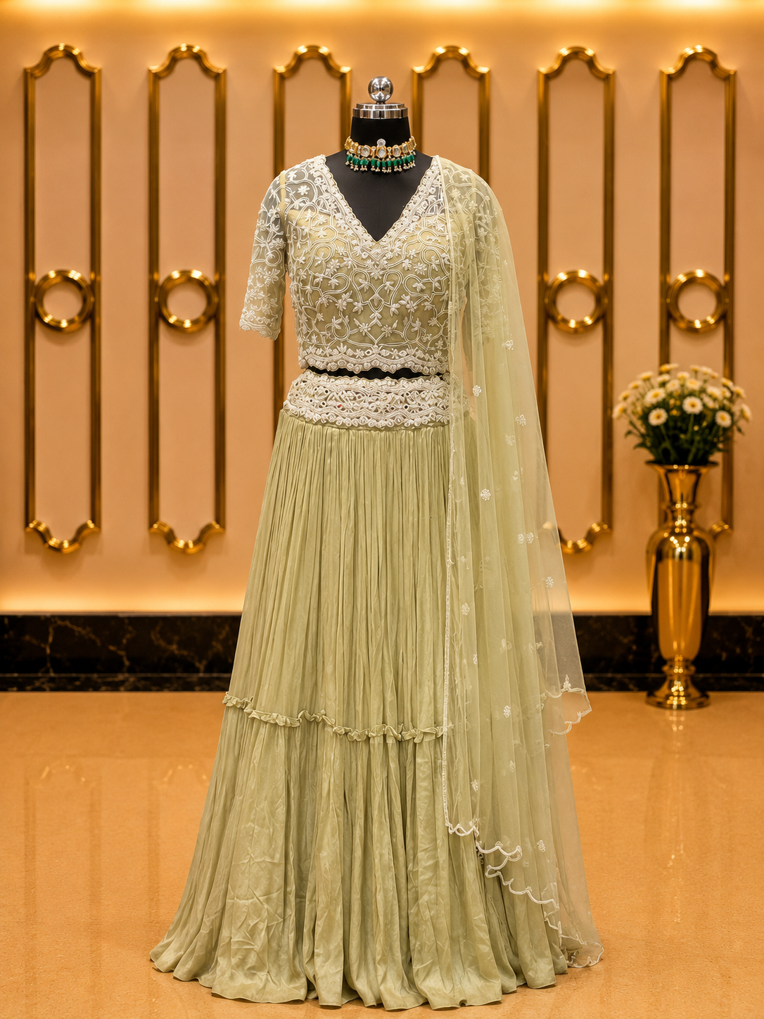 Sage Green Embroidered Skirt Set