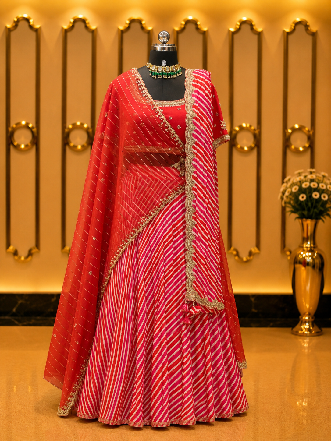 Red & Pink Leheriya Draped Ensemble