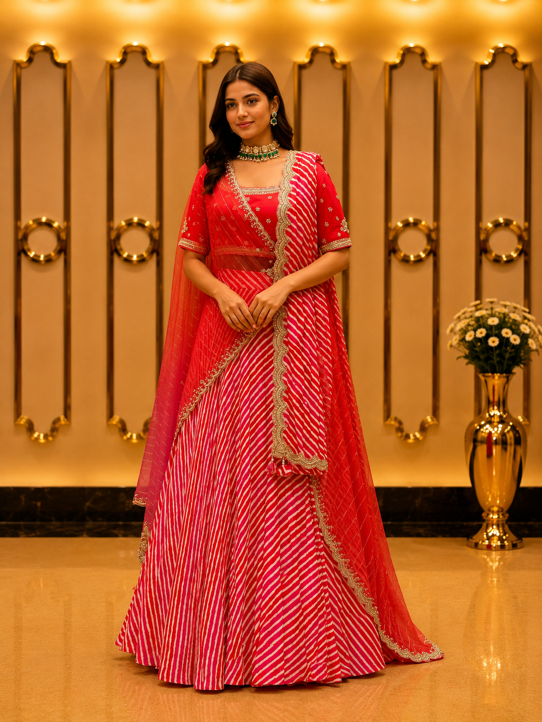 Red & Pink Leheriya Draped Ensemble