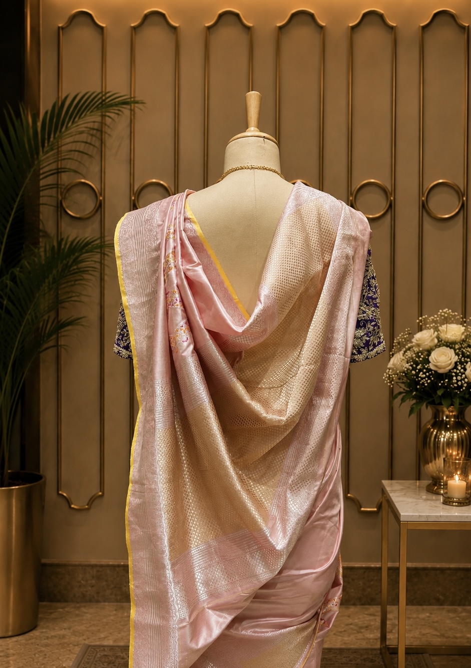 Blush Pink Banarasi Silk Saree with Floral Border